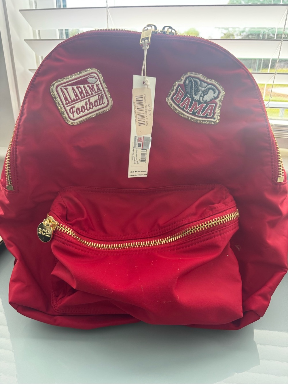 Stoney Clover Lane Red Patch Backpack with Gold Zippers-with 2 Alabama Patches